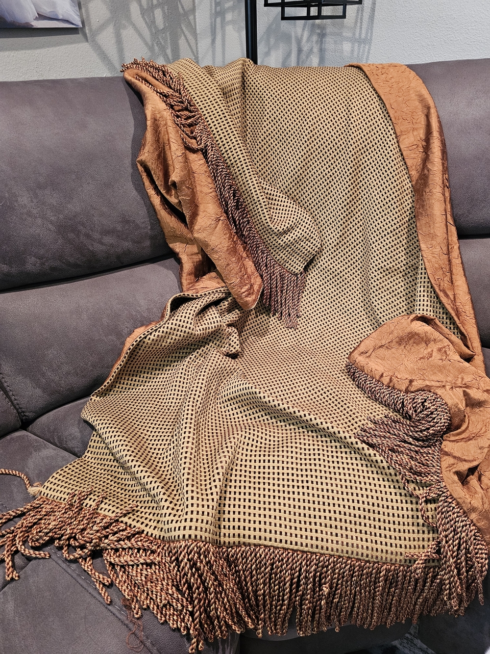 Woven Fringe Throw Blanket in Camel and Brown Kennebunk Home Wayfarer Decorative